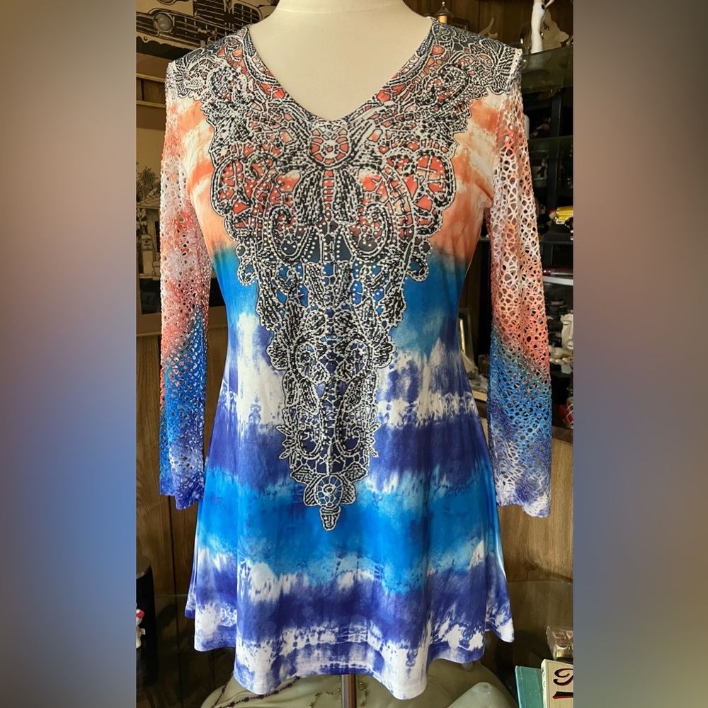 Reba Soft Silky Blouse Embellished Western Dance Net Sleeve Small EUC
